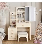 Amazon｜ドレッサー 化粧台 コンパクト ホワイト スツール付き 鏡台 大